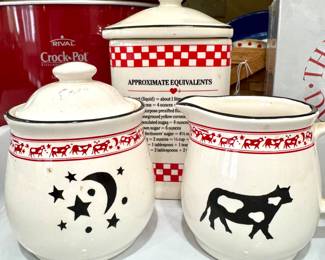 $28 - Sugar, creamer and canister set; $22 - Red crock pot