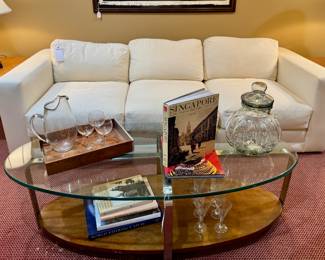 Don’t miss the must-sees in the basement!  ($650 custom upholstered sofa 93 x 39 x 32), ($350 The Lane Company coffee table 56 x 25 x 17), ($60 each vintage end table- 2 available- 28 x 18 x 20.5), ($150 each- black and white ginger jar table lamp- 2 available- 32”)