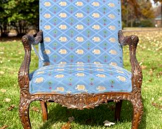 $250 - Custom Upholstered Carved Chair - 27.75x22x40.5