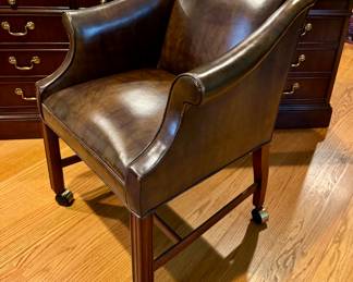 SOLD Hickory Leather Chair on casters. 27L x 22W x 36H