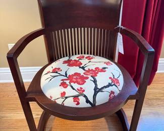$550 - Vintage Barrel Chair featuring a Frank Lloyd Wright engraving with plum blossom seat cushion - 24x22x33