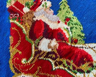 A close-up photo ($550 new, never been used Neiman Marcus needlepoint Sferra Christmas tree skirt 56”)