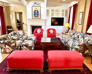 $380 (each)  - Vintage Lane Bench with turtle feet (2 available) - 42x22x18; $260 (each)- Braunschweig and Fils Saratoga Collection with button back chair (2 available)-32x36x32; $450 (each) - Chinoiserie club chair with ottoman (2 available) - chair 33x34x30, ottoman 29x20x17; $240 - Chinoiserie style coffee table with glass - 40 square x16.5h; $600 - Custom Asian Style Vintage Sofa - 98x38x32; $200 (each) - Fredrick Cooper lamp (2 available) - 30.5h