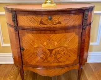 $750 - Demilune, antique, single drawer wooden cabinet- 36x17x32