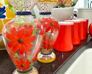 $18 (each) - Floral vases (2 available); $4 (each) -  red coffee mugs (4 available)