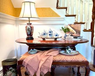 $350 - Wooden Bench with Coral and taupe cushion; $48 - hand painted waste basket; $60- Ann Taylor Throw; $80 - Set of 8 vintage Neiman Marcus fan plates; $200 - Ginger jar lamp- 33h; $60 - silver plate tray; $200 - Vista Alegre coffee, tea, sugar and creamer; $180 - Waterford crystal candy dish- 6”