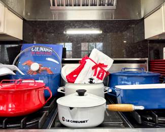 $30 - Vintage Dansk Dutch oven (2 pieces); $60 - Vintage Le Creuset (2 pieces); $40 - Vintage Le Creuset Kobenstyle (2 pieces); $60 - Vintage Dansk stock pot (2 pieces); $46 - Vintage Dansk stock pot (2 pieces); $80 - Le Creuset stock pot with lid