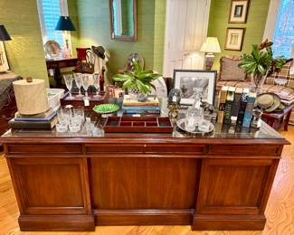 ($850 executive leather desk, glass top, 71 x 36 x 31), ($240 Queen Lace Kenyon tumblers- set of 6), ($10 crystal flutes- set of 4), ($10 crystal vase), ($38 vintage green marble egg in stand), ($6 desk organizer, wooden), ($40 vintage elephant bookends), ($40 crystal decanter), ($28 rock glasses- set of 2), ($20 silver-plated platter), ($24 wooden desk organizer 13. X 10 x 4), ($10 leather ice bucket)