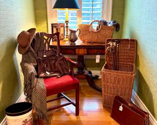 ($750 flip top century foyer table- 2 available- 39.5 x 20 x 31.5), ($150 lamp 32”), ($40 hand-woven basket 21 x 10 x 11), ($24 silver-plated pitcher), ($300 Ralph Lauren cashmere throw- brand new- made in Scotland 49 x 71), ($80 arm chair 23 x 18 x 39), ($100 vintage coach bag), ($150 vintage Brahmin bag), ($40 vintage cowboy hat, premium wool), ($20 large, handwoven basket/hamper), ($30 vintage cherry walking stick with rabbit head), ($30 duck head walnut walking stick), ($20 baseball walking stick), ($20 hand carved wooden cane), ($10 brown leather briefcase), ($4 English hunt scene trashcan)