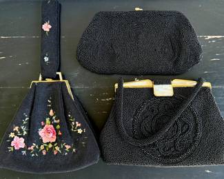 $80 - vintage black beaded clutch with petipoint floral embroidery; $30, top right - vintage black beaded evening bag; $40 - vintage beaded evening bag handmade