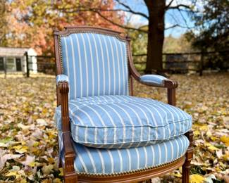 $350 - French Louis XVI style arm chair with blue and white striped fabric -23x25x35