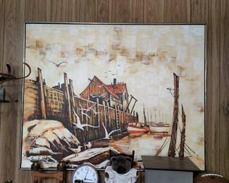 LARGE vintage boat dock painting 