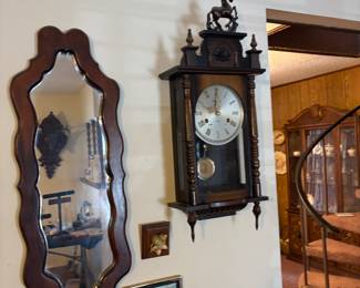 Antique wall clock, mahogany mirror 