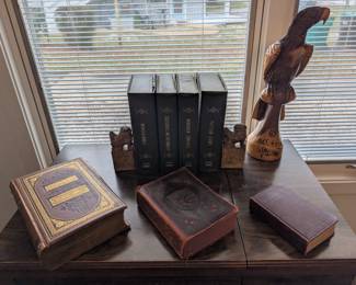 Vintage books, eagle/hawk figure, vintage sewing supplies sets
