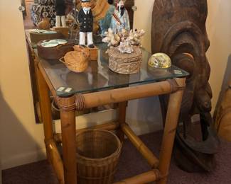 cute bamboo glass-top end table & nautical decor 