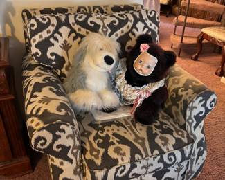 Accent chair, and a very interesting "teddy bear" This teddy bear has a porcelain babydoll face. 