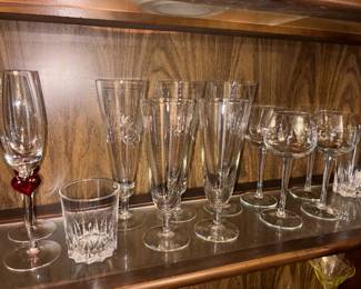 crystal beer glasses, wine glasses, champagne flutes
