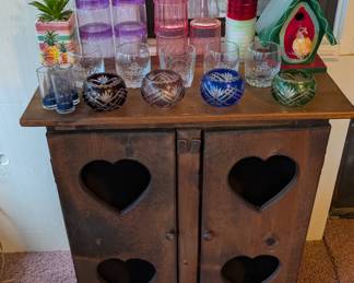 colored glass, barware, super cute heart cabinet 