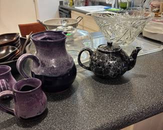 marbled black teapot, purple pottery