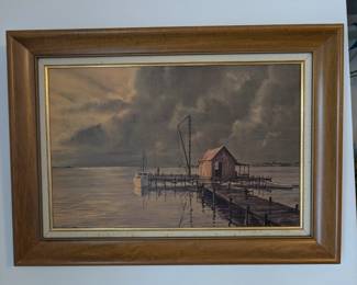 Painting sailboat, dock, boathouse - Signed Kenneth Harris 