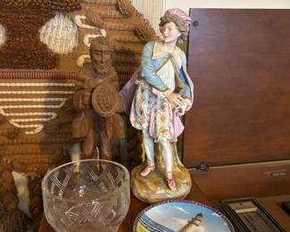 vintage bisque porcelain figurine, hand-carved wooden folk art figure, crystal bowl