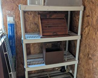 vintage wooden secretary box, plastic shelving unit and more