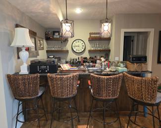 4 Palecek “Havana” swivel woven Abaca back leather Arm & iron bar stools 