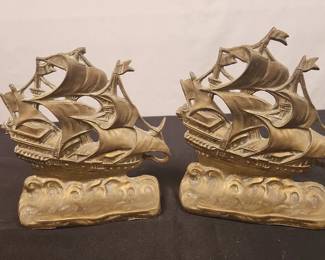 Vintage Brass or Cast Metal Sailing Ship Bookends