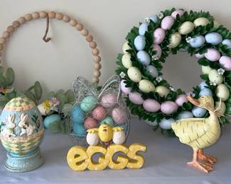 Pastel Easter Decor including Eggs, Bunnies Birds