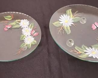 Frosted Glass Plate with Painted Daisy and Butterfly Decorations