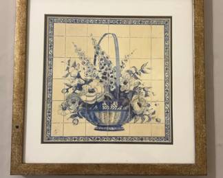 Framed Flower Basket in Blue White