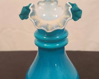 Vintage Fenton Jamestown Blue Overlay Double Ring Ruffled Vase