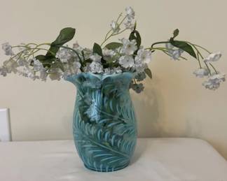 Victorian Blue Opalescent Glass Celery Vase In A Fern Pattern