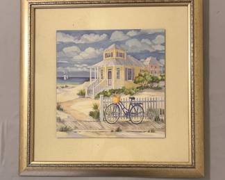 Framed Seaside Home with Bicycle Print