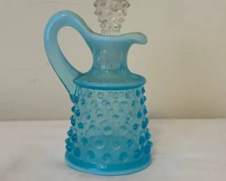 Vintage Fenton Blue Opalescent Hobnail Glass Cruet With A Clear Stopper
