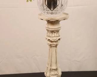 Distressed OffWhite Carved Wooden Candle Holder Wth Crystal Vase And Fake Plant