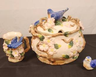 Hand Minted Crafted Ceramic Bird Bowl And Cup