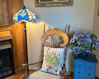 Stained glass floor lamp, antique rocking chair