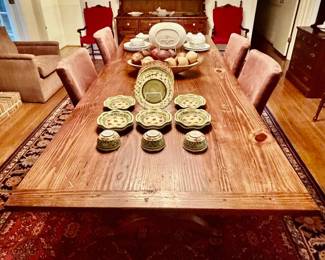 Antique Dining Table - Seats 10-12 & Temp-tations ceramic serving/cookware in the "Old World Green" pattern