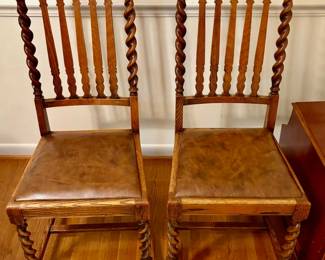 vintage oak barley twist dining chairs with distressed leather seats
