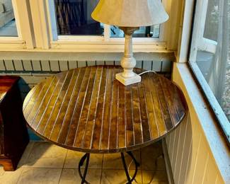 mid-century modern Arthur Umanoff-style round slatted wood and wrought iron side table
