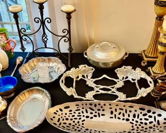 Silver Plate serving dish, Author Court, Candle Holders, etc.