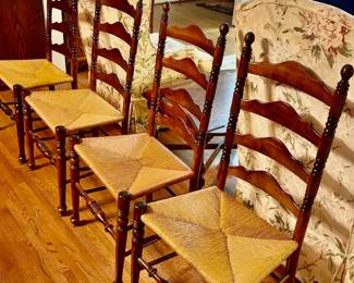 Cherry Wood American Colonial style ladder back dining chairs with woven rush seats