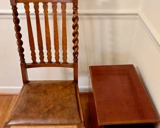 19th Century Oak Barley Twist Dining Chair with a Brown Leather Seat and a Thomasville Impressions Martinique Louis Philippe cherry wood nightstand