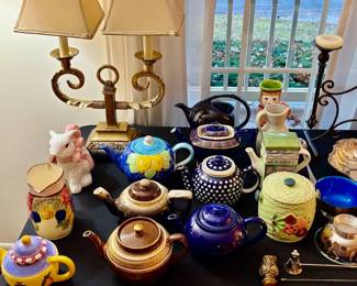 Collectible Tea Pots, Brass Lamp with two Shades, etc.