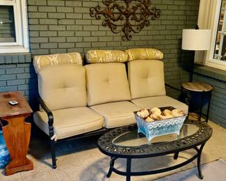 Oakland Living rust-free aluminum deep three-seat outdoor sofa with tan cushions