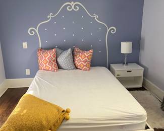 Queen platform bed, lamp and white CB2 nightstand