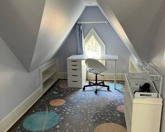 IKEA desk w/ chair. Ruggable rug. Small white bookcase