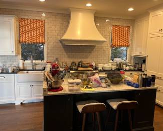 Williams Sonoma Home bar stools (2) and misc. kitchen items (KitchenAid Mixers, Le Creuset Pitchers, White Mikasa bone china dishes, vintage espresso cups and stainless bowls. 