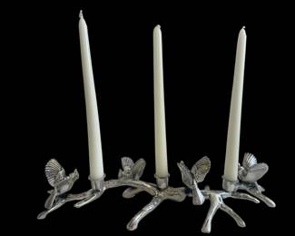 Silver tone cardinals on a branch candle holder 